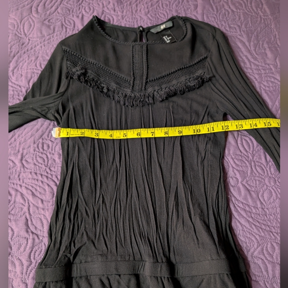 H&M Boho Style Black Embroidered & Fringe Long Top/Mini Short Dress, Size 2
